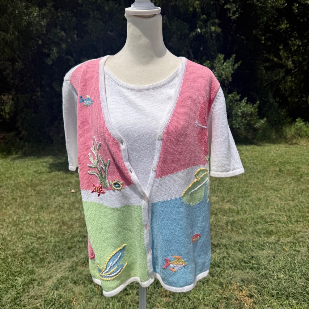 Koret Sweater Womens M Mermaidcore  Multicolor a Nautical Embroidered Grannyore